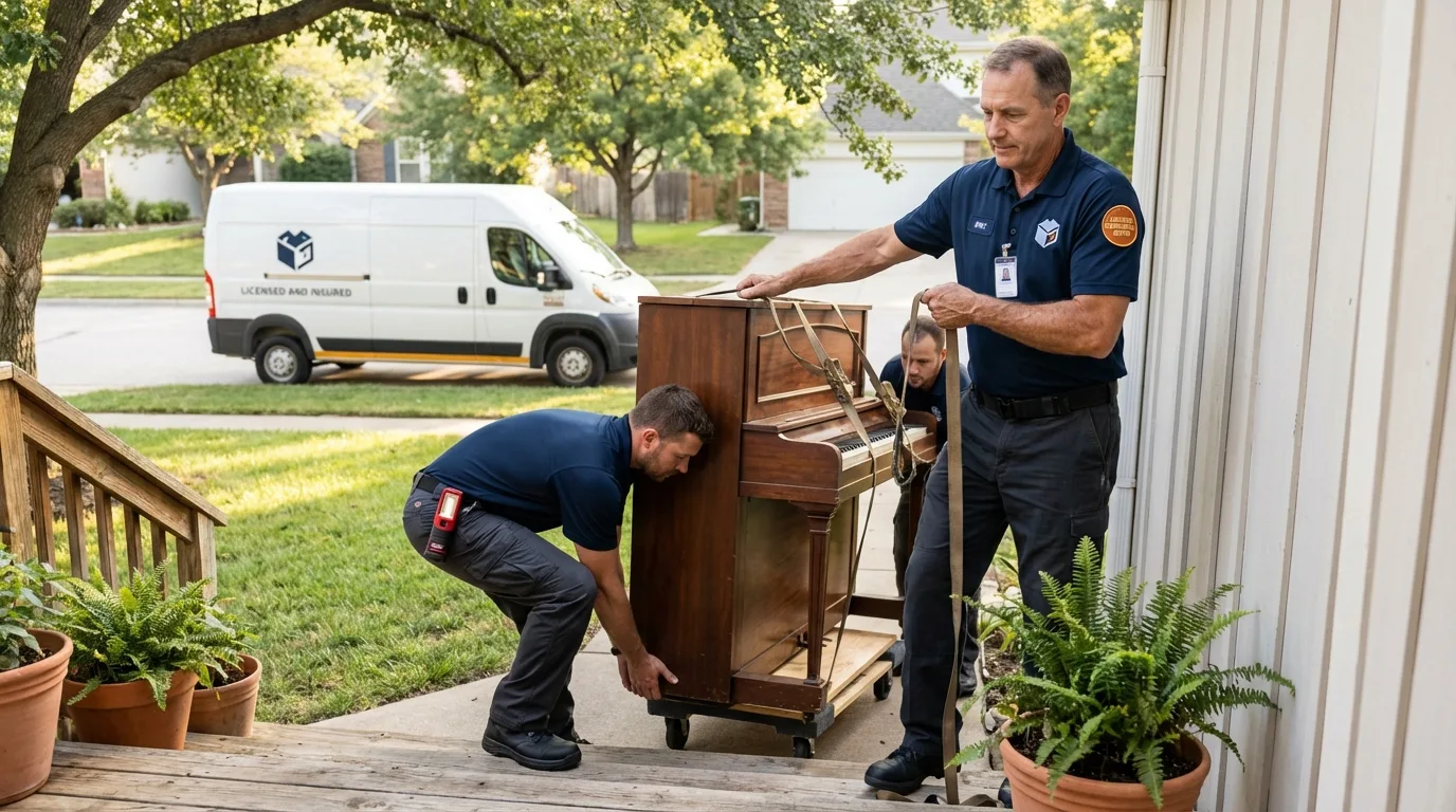 Licensed piano movers securing grand piano in Kenai, AK