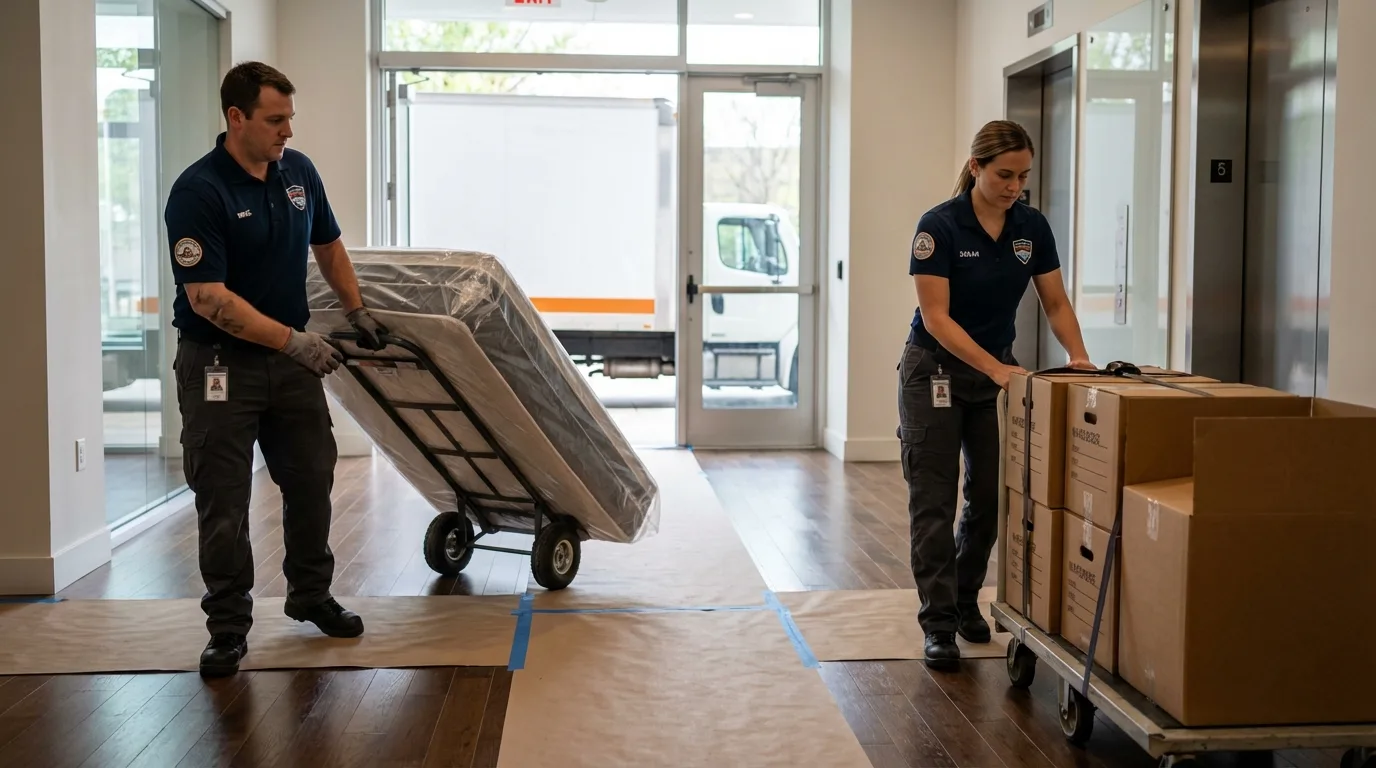 Professional apartment movers loading elevator in Kenai, AK